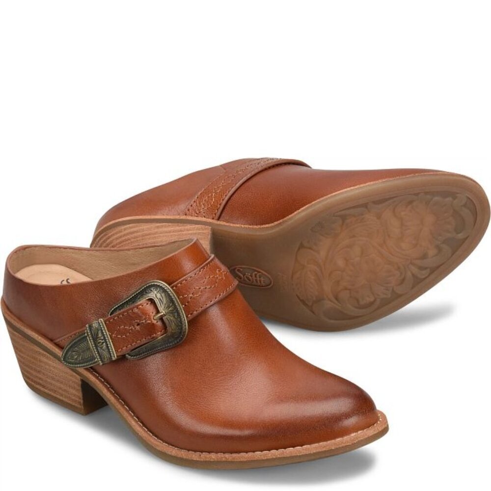 NWB$135 Sofft Adara Leather Western Buckle Shooties Mules Brown Americana Sz 8.5